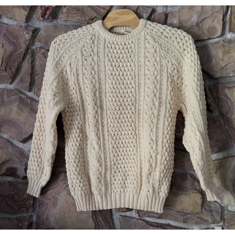 BONNER OF IRELAND Fisher knit  100% Wool Cable Knit beige  L  handloom